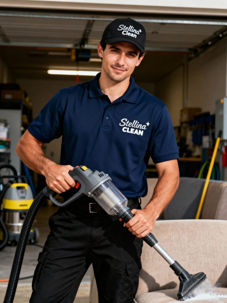 Profissional uniformizado da Stellina Clean preparado para serviço de limpeza de estofos no Algarve. empresa de limpeza de estofos Algarve