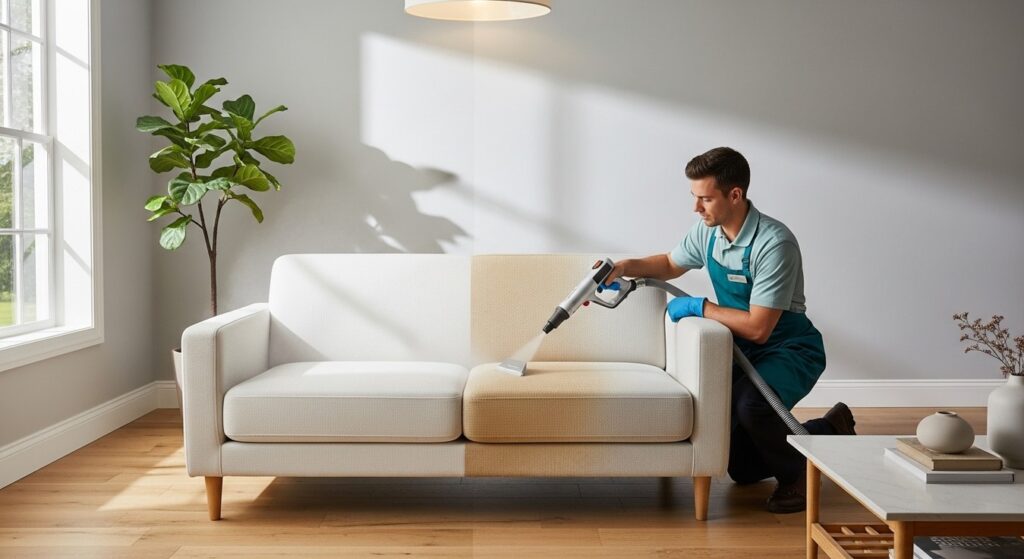 Profissional da Stellina Clean a limpar sofá branco com extratora em casa no Algarve. Limpeza de Sofá no Algarve