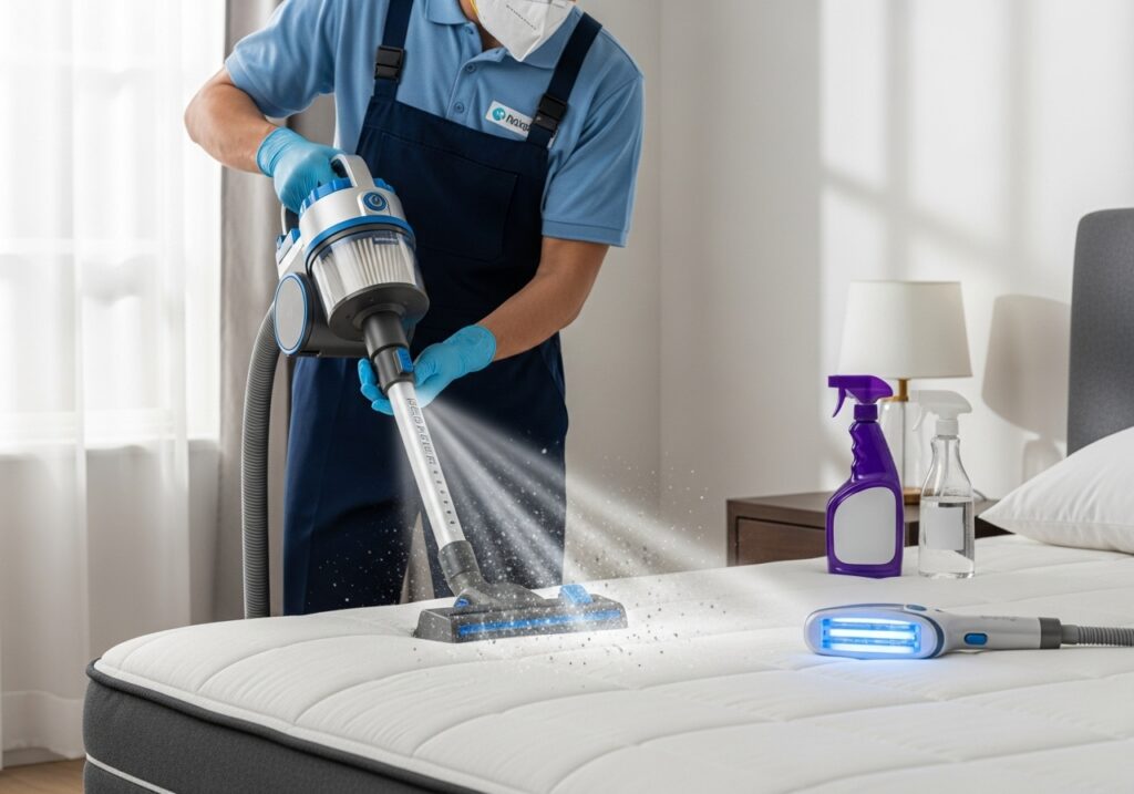 Profissional da Stellina Clean a limpar colchão com extratora e produtos ecológicos no Algarve