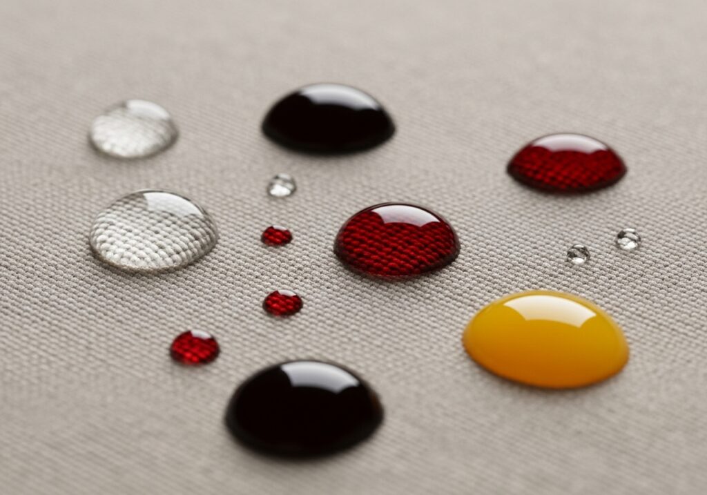 Demonstração de impermeabilização de tecido, repelindo líquidos coloridos, serviço no Algarve