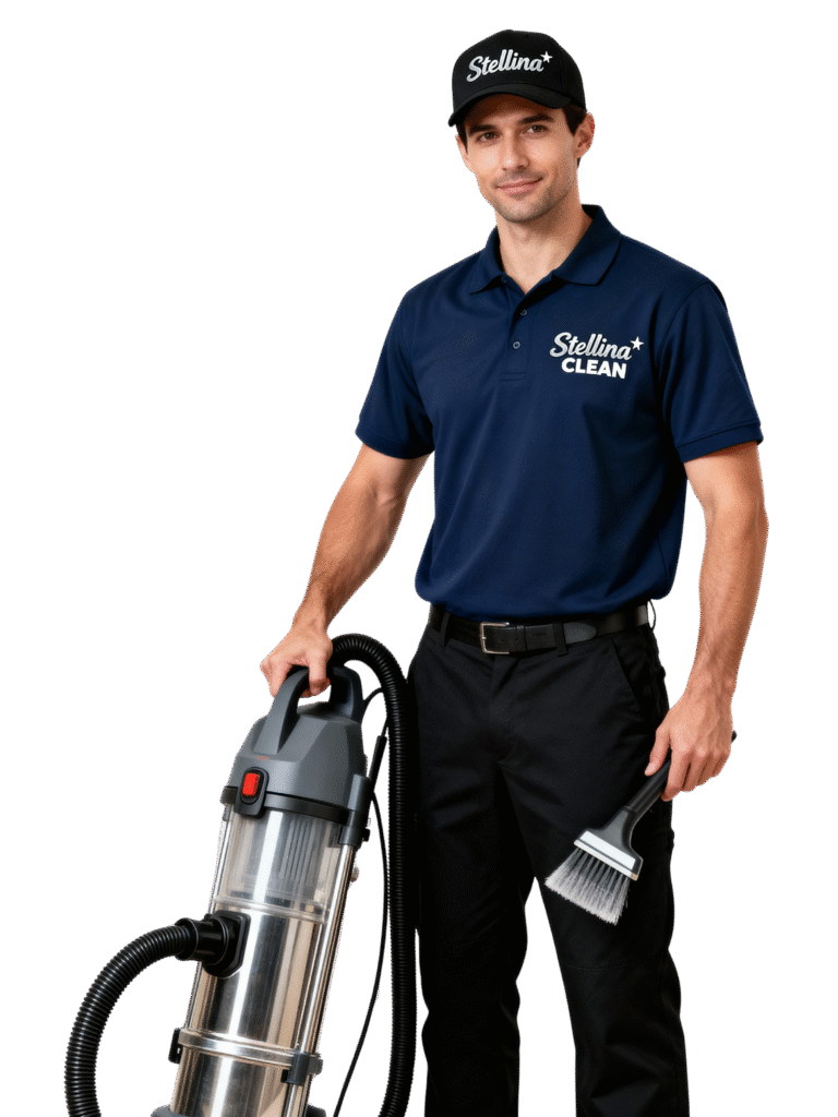 Técnico da Stellina Clean com máquina extratora profissional para limpeza de estofos no Algarve