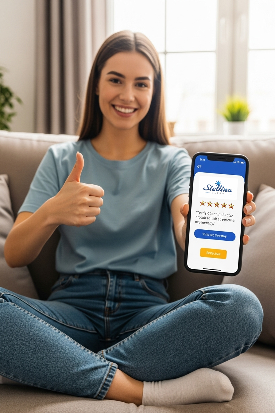 Cliente satisfeita a avaliar serviço de limpeza da Stellina Clean através de aplicativo em Portimão Algarve