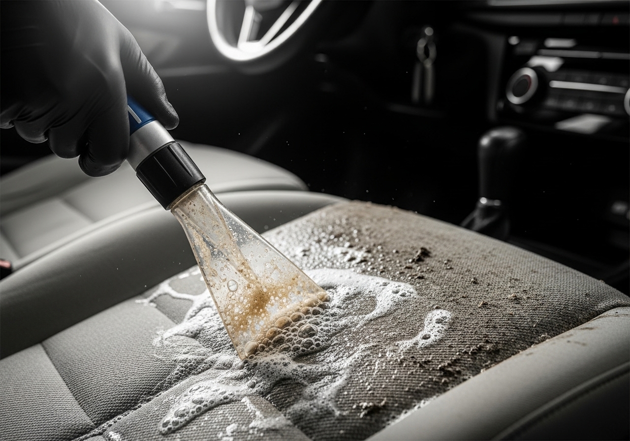 Higienização de bancos automóvel com escova e espuma pela Stellina Clean em todo o Algarve. limpeza de viaturas e embarcações Algarve