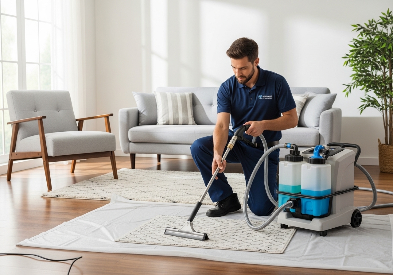 Profissional da Stellina Clean a realizar limpeza de tapete ao domicílio em Portimão, Algarve