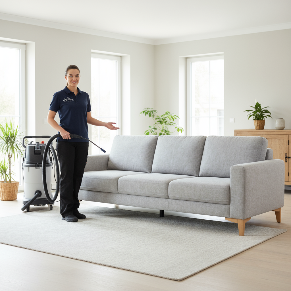 Serviço de limpeza e higienização de sofá cinza ao domicílio no Algarve pela Stellina Clean. Limpeza de Sofá no Algarve