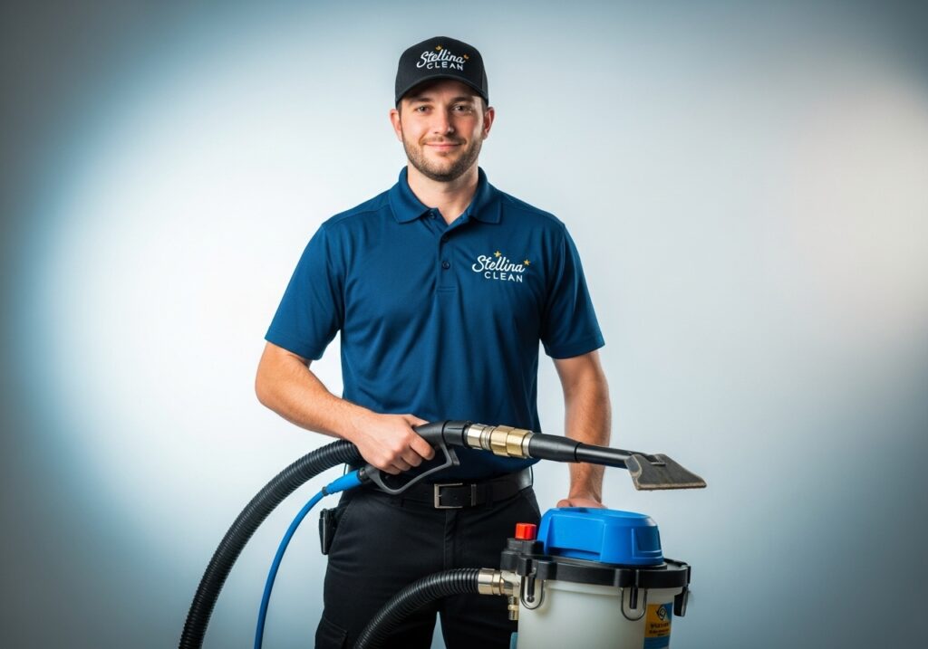 Técnico da Stellina Clean com extratora profissional para limpeza de estofos no Algarve. empresa de limpeza de estofos Algarve
