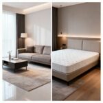 Ambiente moderno com colchão e sofá limpos, resultado da higienização profissional no Algarve