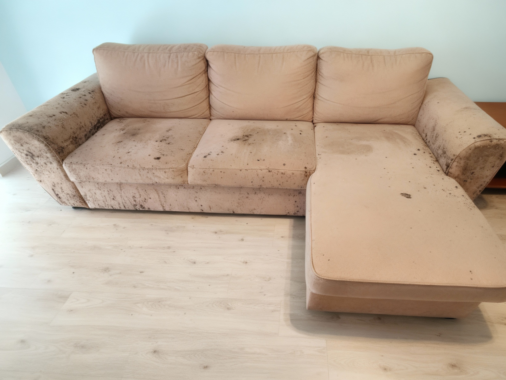 sofa_sujo Sofá com manchas e sujidade antes da limpeza profissional realizada pela Stellina Clean Algarve
