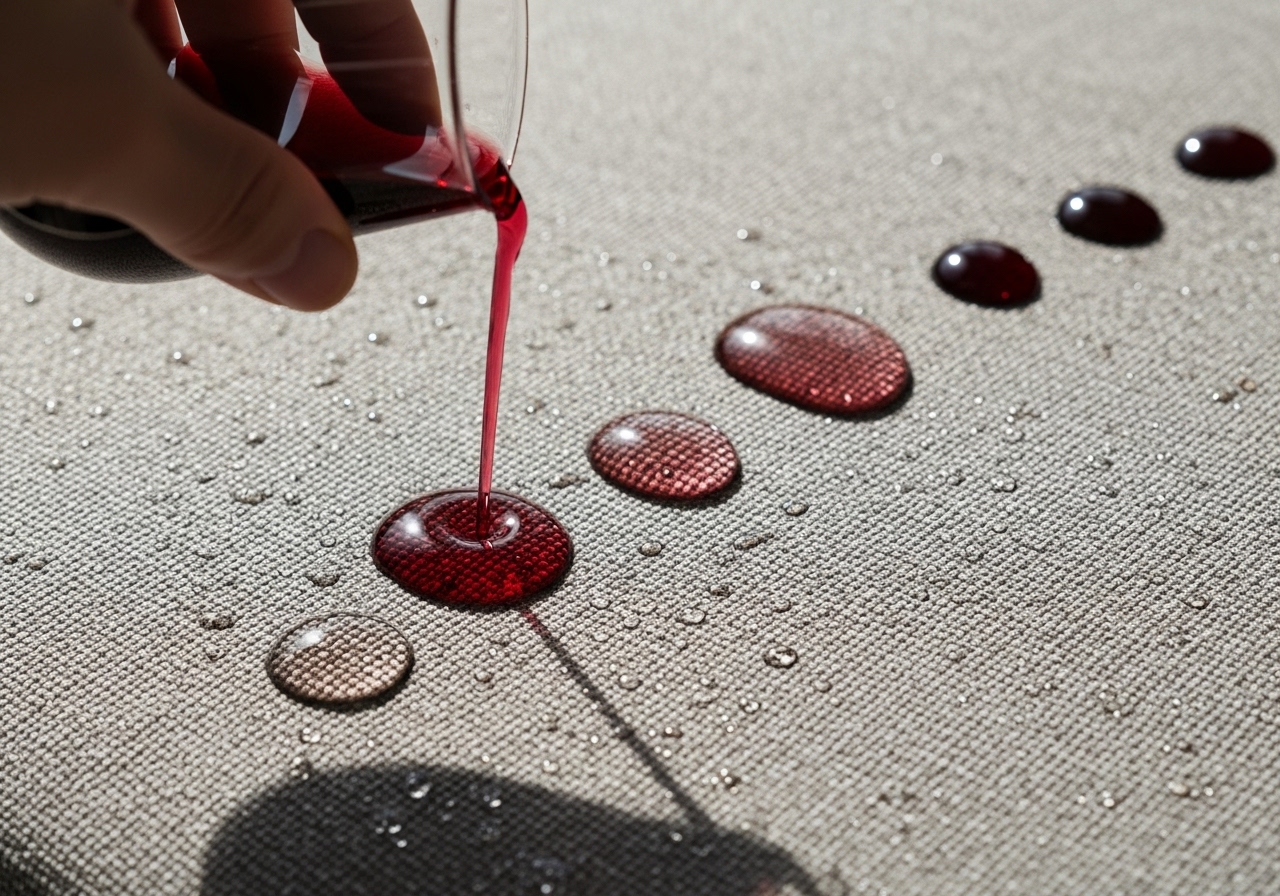Demonstração do efeito impermeabilizante em tecido, serviço de proteção de estofos no Algarve. impermeabilização de estofos algarve